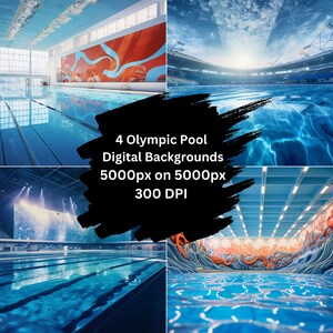 Peut inclure: Quatre fonds d'écran numériques représentant des piscines olympiques. Chaque fond d'écran mesure 5000 pixels par 5000 pixels et 300 DPI. Les fonds d'écran présentent différents environnements de piscine, notamment une piscine avec une fresque colorée, une piscine avec un grand écran et une piscine avec un fond de stade.