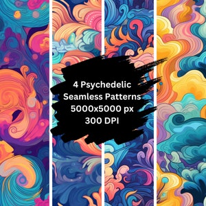 Puede incluir: Cuatro patrones psicodélicos sin costuras en colores vibrantes, cada uno con un diseño único de remolino. Los patrones son de 5000x5000 píxeles y 300 DPI.