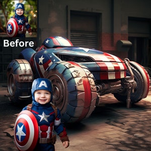 Op de afbeelding: Een kind verkleed als Captain America staat voor een op maat gemaakt voertuig. Het voertuig is geschilderd in rood, wit en blauw, met ster- en streepontwerpen. Het kind draagt een helm en houdt een schild vast.