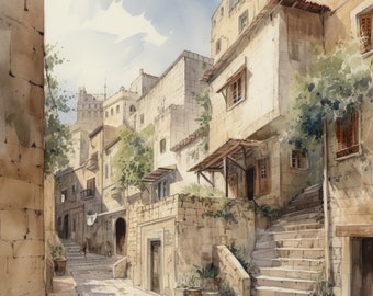 Pittura digitale ad acquerello generata da AI di una strada nella città vecchia di Gerusalemme
