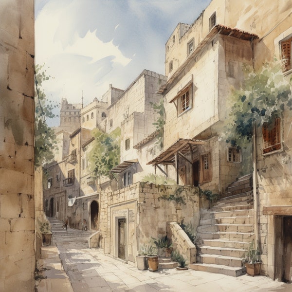 AI Generated Watercolor Digital Painting of a street in the old city of Jerusalem