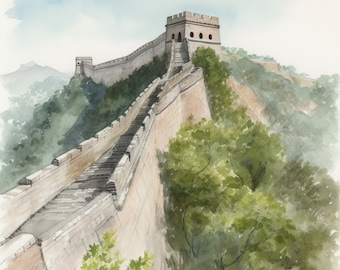 Pittura digitale ad acquerello generata da AI della muraglia cinese