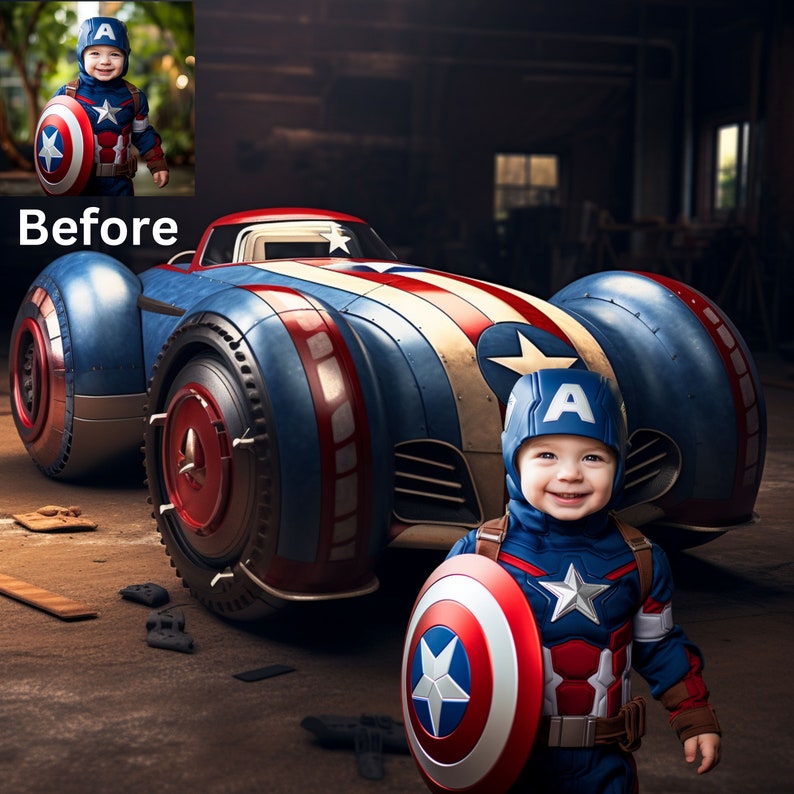 Op de afbeelding: Een kind verkleed als Captain America, met een schild. Het kind lacht voor een blauwe, rode en witte auto met grote wielen. De auto heeft een ster op de motorkap en een patriottisch ontwerp.