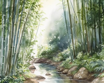 AI Generated Watercolor Digital Painting of bamboo forest