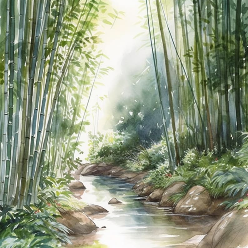 Pu&ograve; includere: Un dipinto ad acquerello di un ruscello che scorre attraverso una foresta di bamb&ugrave;. Il ruscello &egrave; circondato da una lussureggiante vegetazione verde e rocce. La luce del sole filtra attraverso il bamb&ugrave;, creando un bagliore morbido ed etereo.