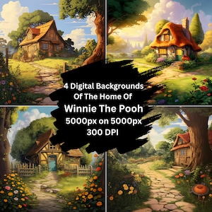 Puede incluir: Cuatro fondos digitales que muestran una cabaña encantadora en un entorno de bosque verde exuberante. Un camino de piedra conduce a la puerta principal de la cabaña, rodeada de un jardín encantador con flores coloridas. Los fondos son perfectos para crear arte digital, scrapbooking u otros proyectos creativos.