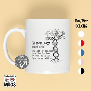May include: White ceramic mug with a black and white illustration of a tree with DNA strands as roots. The text "Genealogy [dzi:nı alǝdzi] The art of tracing your family tree as far back as your money will go." is printed on the mug. The mug is available in 11oz or 15oz sizes and in various colors.
