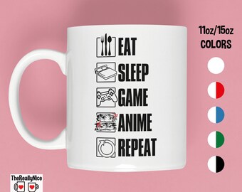 Console & Anime Lover Mug - Eat Sleep Anime Game Repeat, Pixelated Adventures Anime Binges | Perfect Gift for Gamers And Otakus
