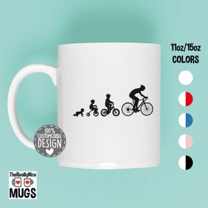 May include: White ceramic mug with a black silhouette of a person riding a bicycle, followed by a child on a bike, and a toddler on a tricycle. The mug has a black and white 100% customizable design label. The mug is 11oz/15oz and available in various colors.