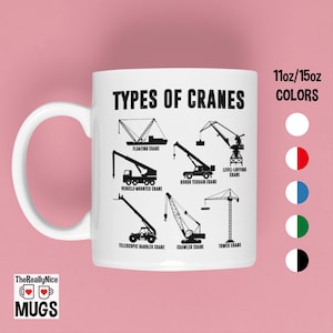 May include: White ceramic mug with a black and white illustration of different types of cranes. The text "Types of Cranes" is at the top of the mug. The mug is available in 11oz or 15oz sizes and in a variety of colors.