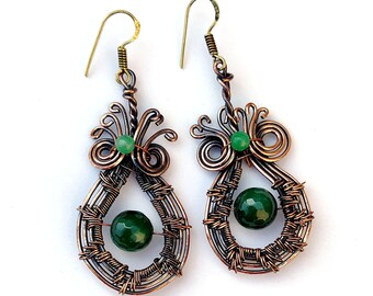 Handmade Green Onyx Copper Earrings: Wire Wrapped Jewelry