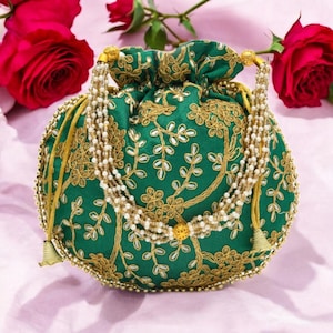 Bolso de mano bordado a mano indio para mujer, estilo potli, ideal como regalo de boda o de regreso a casa.