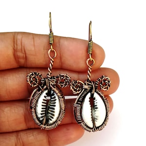 Cowrie Shell  Earring, Gemstone Handmade Wire Wrapped Earrings, Unique Copper Earring, New Year Gift Earring For Girl, Shell Copper Jewelry