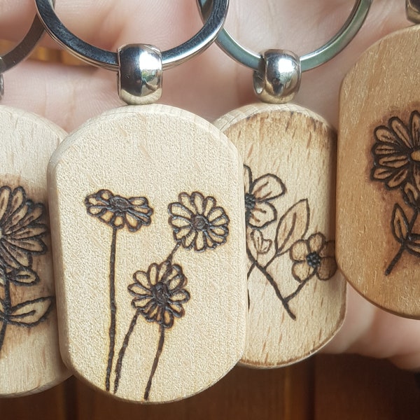 Wood Burned Flower Keychains with Different Patterns and Designs