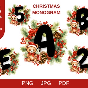 May include: 35 Christmas monogram designs featuring a teddy bear wearing a Santa hat and a wreath of pine branches, red berries, and pine cones. The letters are black and the background is white.
