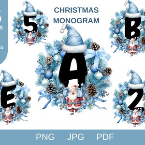 May include: A set of five Christmas wreaths with blue and white decorations. Each wreath features a different letter of the alphabet, A, B, E, 2, and 5, in black. The wreaths are decorated with pine branches, blue and white ornaments, pine cones, and blue bows. A Santa Claus figure is in the center of each wreath.