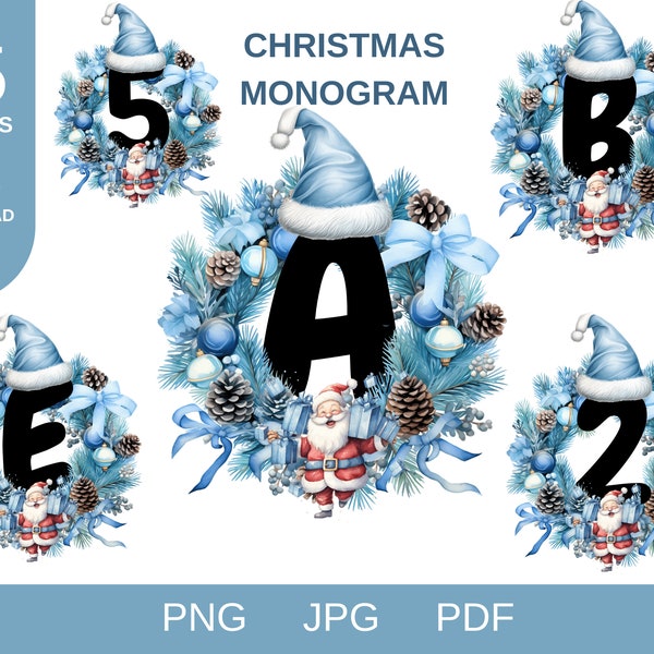Christmas Letter Monogram and Number, Christmas Png, Add Your Own Name , Entire Alphabet set , Blue Sublimation Designs, Santa Hat A-Z & 1-9