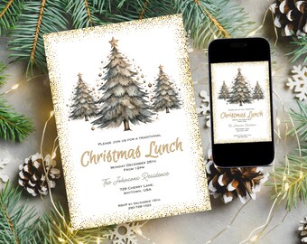 Boho Christmas Tree Party Invitation: Printable Holiday Evite (Canva Template)