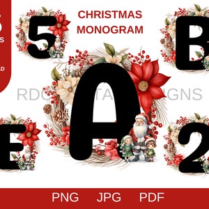 May include: 35 Christmas monogram designs featuring letters A, B, E, and the numbers 2 and 5. Each letter and number is surrounded by a wreath with red poinsettias, white flowers, pine cones, and berries.