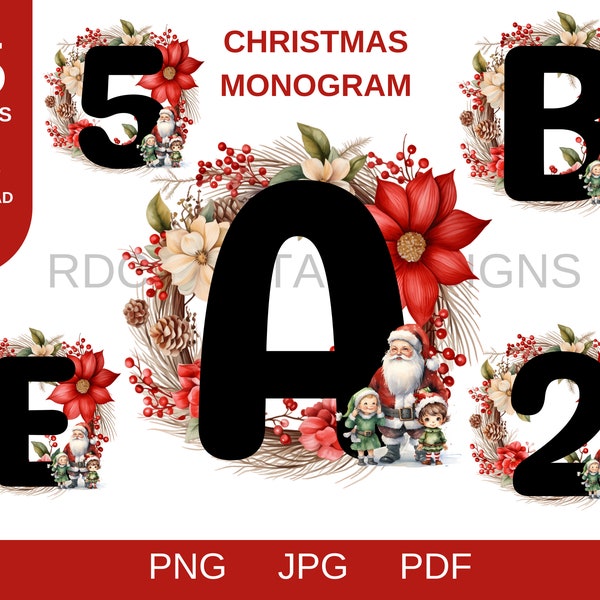 Santa Alphabet Christmas PNG Clipart Download, Christmas Alphabet Clipart, Santa Monogram for sublimation family name elf A-Z and 1-9