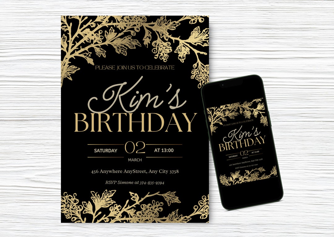Black and Gold Floral Birthday Invitation Template (digital Download ...