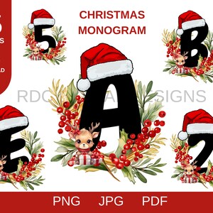 May include: A set of 35 Christmas monogram designs featuring a red Santa hat with a black letter inside a wreath of green leaves, red berries, and a small reindeer. The letters are A, B, E, and Z.