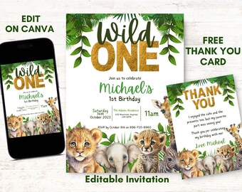 Puede incluir: Invitación de cumpleaños con temática de jungla con las palabras "Wild One" en purpurina dorada. La invitación presenta ilustraciones de animales bebés, incluyendo un león, un elefante, un guepardo y una cebra. Incluye una tarjeta de agradecimiento.