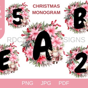 Monograma navideño rosa: Alfabeto floral PNG (Descarga digital)