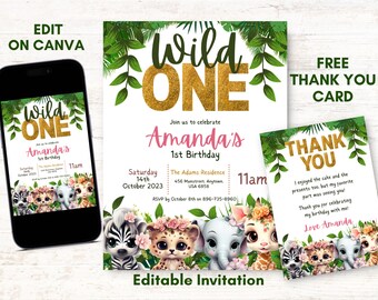 May include: Editable invitation for a first birthday party with a jungle theme. The invitation features a gold glitter "Wild One" banner with green leaves and animal illustrations. The text on the invitation reads "Join us to celebrate Amanda's 1st Birthday. Saturday 14th October 2023. The Adams Residence 456 Mainstreet. Anytown. USA 6858. 11am. RSVP by October 8th on 896-735-8960."