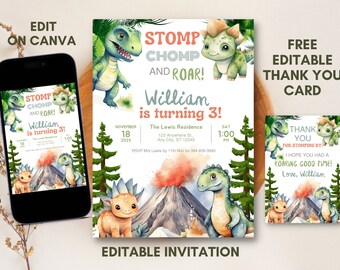 Bewerkbare dinosaurusverjaardagsuitnodiging: Dino-feestuitnodiging (digitale download)