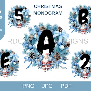 May include: A set of 35 Christmas monogram designs featuring a blue and white wreath with pine cones, blue ornaments, and a blue bow. Each wreath has a black letter or number in the center and a Santa Claus figure holding gifts.