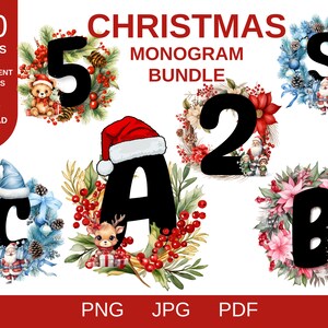 May include: A set of 210 Christmas monogram designs in 6 different styles. The designs feature a variety of holiday elements, including wreaths, holly, and Santa Claus. The letters are in black and are surrounded by colorful holiday decorations.