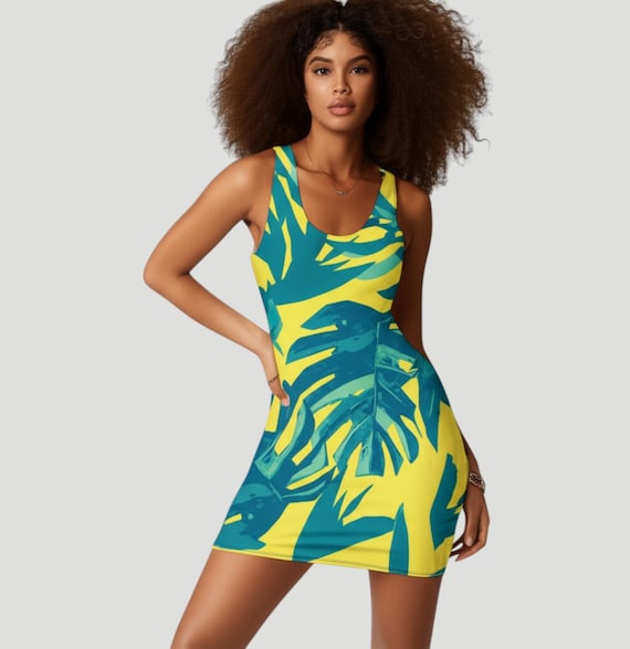 Tropical Leaf Bodycon Dress, Summer Yellow Monstera Outfit