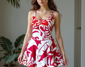 May include: A red and white patterned swimsuit dress featuring a flamingo and leaf design. The dress has a scoop neckline and a flared skirt. The fabric is a vibrant red with white accents, creating a striking contrast. The overall style is summery and playful.