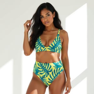 Pflanzen Bikini, Blatt Bikini, Blauer Bikini, Gelber Bikini, Bikini mit hoher Taille, zweiteiliger Badeanzug, Pflanzenliebe, schmeichelhafter Bikini
