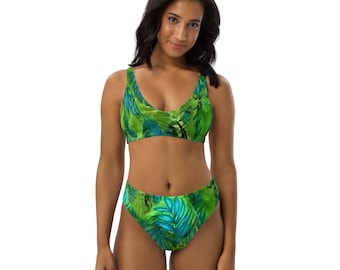 Leaf Print High Waisted Bikini, Tropical Green Swimsuit