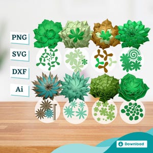 Succulents Bundle Layered Petal Paper Cut File in PNG, SVG, DXF, Ai, Cardstock Plant Stencil for Cutting Machines, Floral Decor Scrapbook