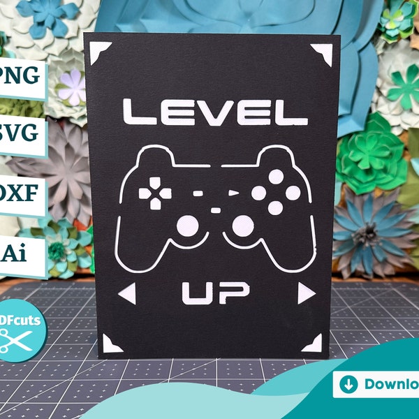 Gamer Level Up Card Easy to make Template, Video game gift for him, No Glue Required Paper Craft, Birthday Cut FIle svg, png, pdf, dxf, ai