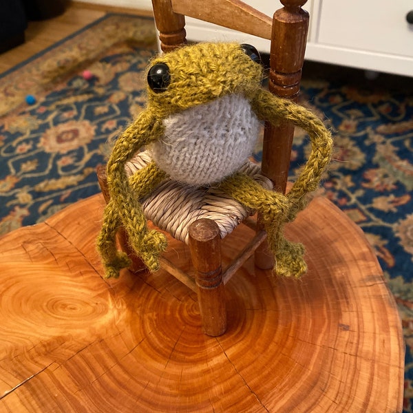 Lime green hand knitted therapy  frog with off white tummy