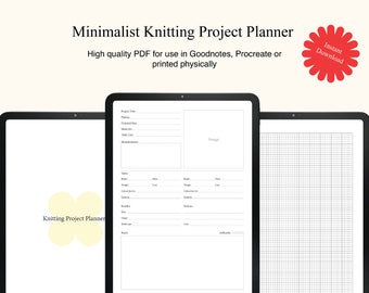 May include: A digital planner template for knitting projects. The template includes sections for project title, pattern, finished size, yarn details, measurements, notes, and an image. The template is designed for use in digital note-taking apps like Goodnotes and Procreate.