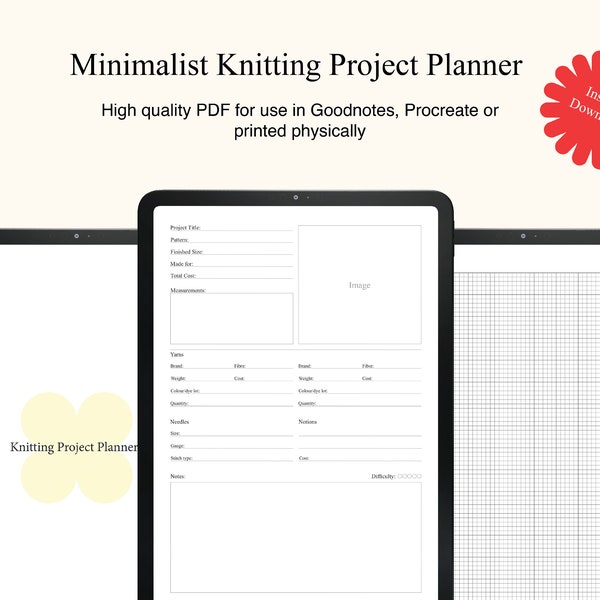 Minimalist Knitting Project Planner, Knitting Companion, Simple Knitting Worksheet, Clean Knitting Journal, Knitting PDF Goodnotes