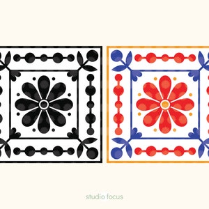 May include: Two square tiles with a black and white floral design on the left and a red, blue, and white floral design on the right.