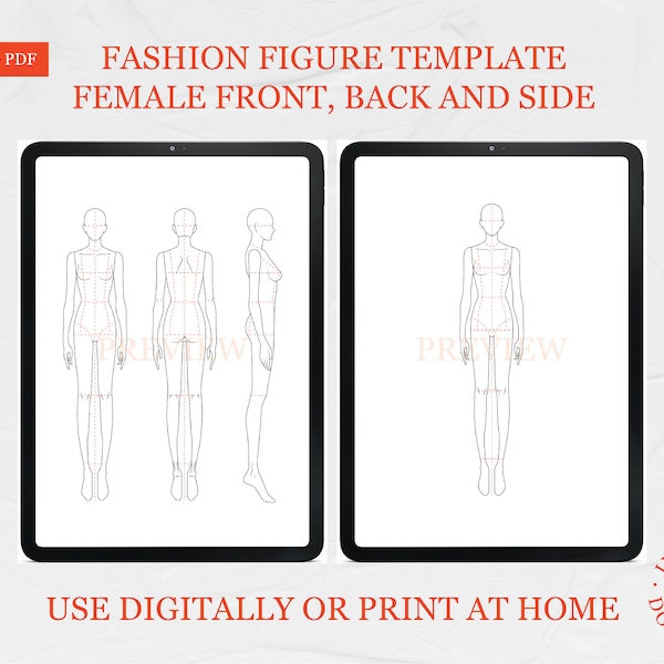 Fashion Figures for Designers – Female Front, Back and Side – Printable Fashion Croquis – Fashion Sketch Template Download – PDF PNG JPEG