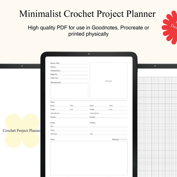 Minimalist Crochet Project Planner, Crochet Companion, Simple Crochet Printable, Clean Crochet Journal, Crochet PDF Goodnotes