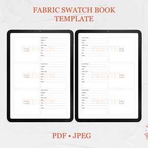 May include: A digital template for a fabric swatch book. The template has six sections for recording information about each fabric swatch, including the swatch name, supplier, fabric type, colour, quantity, and notes. The template is designed to be used on a tablet or computer.