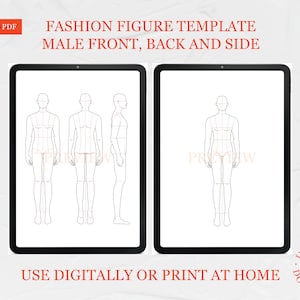 Figuras de moda para designers – Frente, costas e laterais masculinas – Croquis de moda para impressão – Download de modelo de esboço de moda – PDF PNG JPEG