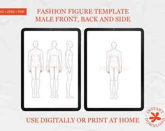 Op de afbeelding: Een digitale sjabloon voor modeontwerp met een mannelijke figuur in drie poses: vooraanzicht, achteraanzicht en zijaanzicht. De figuur is zwart omlijnd met rode stippellijnen voor de afmetingen.