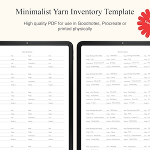 Minimalistisk garninventeringsmall för stickning, virkning och garnpyssel, enkelt sticknings- och virkningsarbetsblad, garn PDF utskrivbar Goodnotes