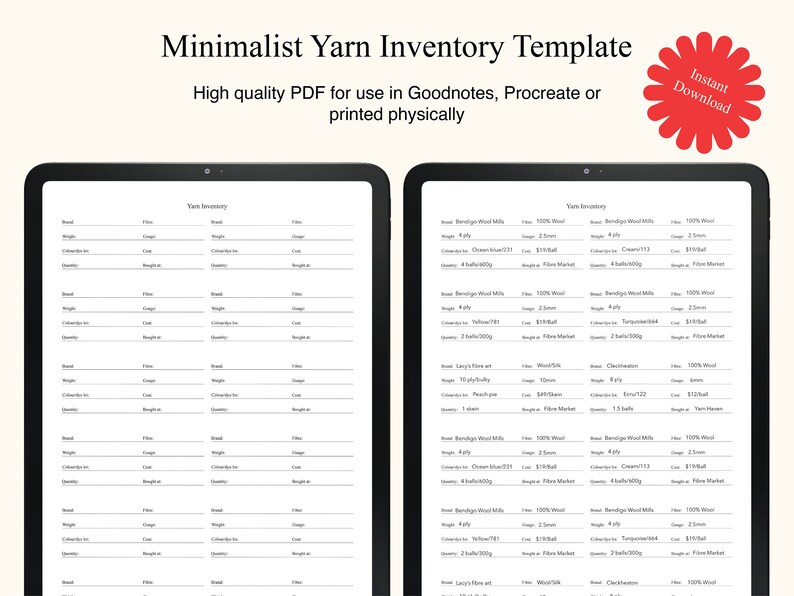 Minimalist Yarn Inventory Template for Knitting, Crochet and Yarn