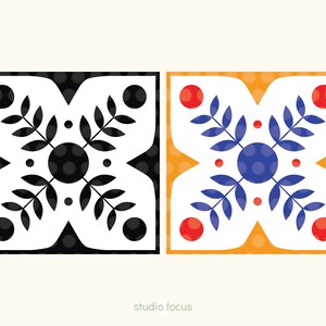 May include: Two square tiles with a floral design. The tile on the left is black and white, while the tile on the right is orange, red, blue, and white.